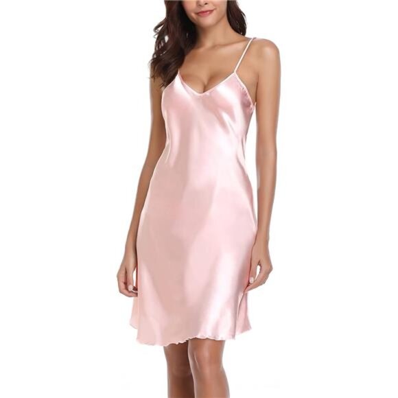 Women Sexy Satin Nightgown Sleepwear Pink